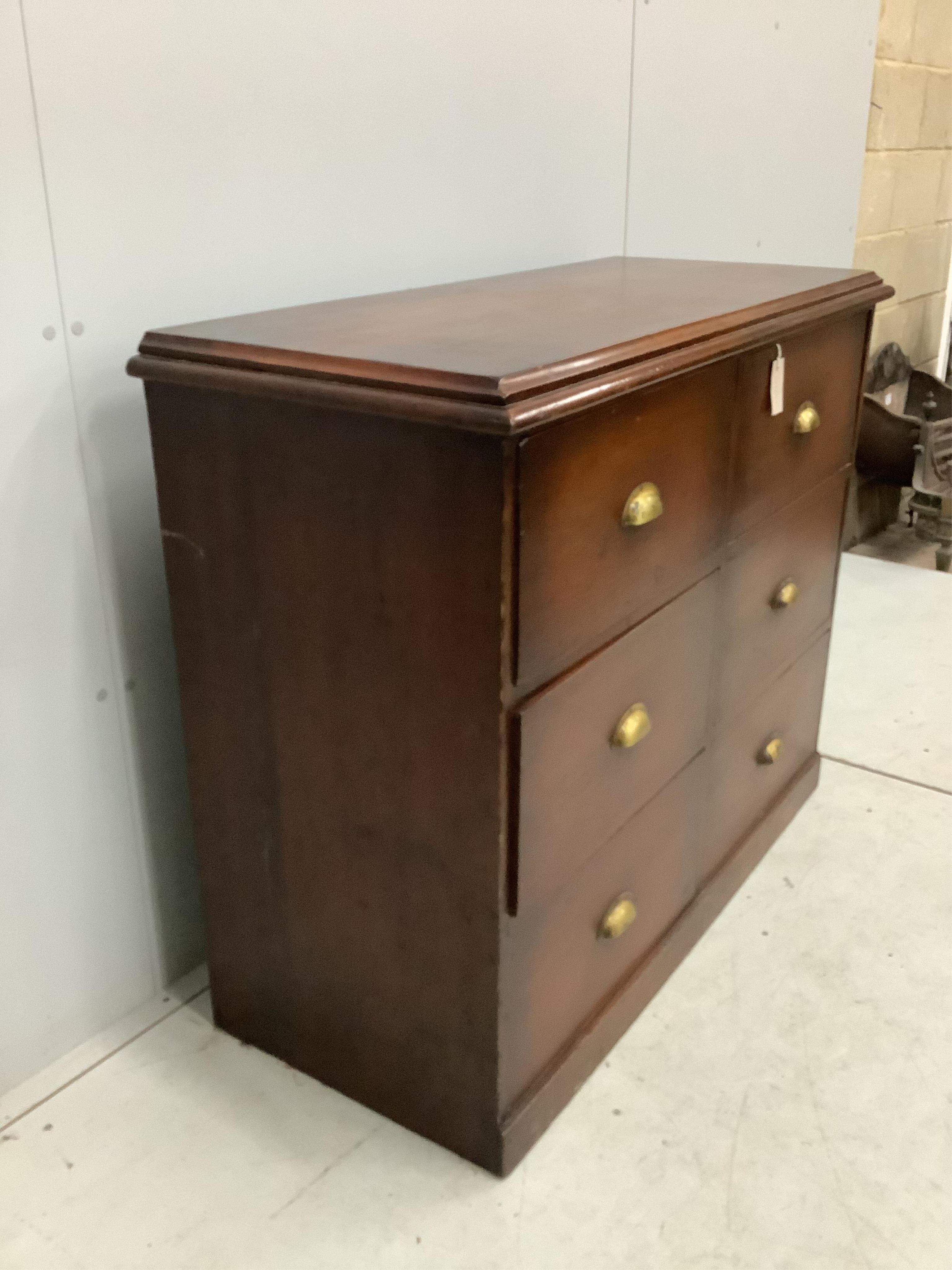 A Victorian and later mahogany six drawer chest with brass cup handles, width 111cm, depth 48cm, height 92cm. Condition - good but top with deep scratches